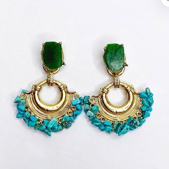NWT Gold Natural Turquoise Gemstone Dangle Drop Statement Earrings - Picture 3 of 6